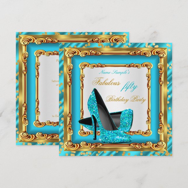 Fabulous Birthday Party Teal Blue Gold High Heels Invitation (Front/Back)