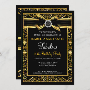 Fabulous Birthday Pearl Gold Lace Bow Black Invite