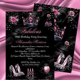Fabulous birthday Pink Silver Black Tiara Heels Invitation