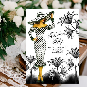 Fabulous Birthday Polka Dot Woman Black White Invitation