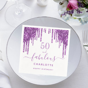 Fabulous birthday purple glitter drips white napkin