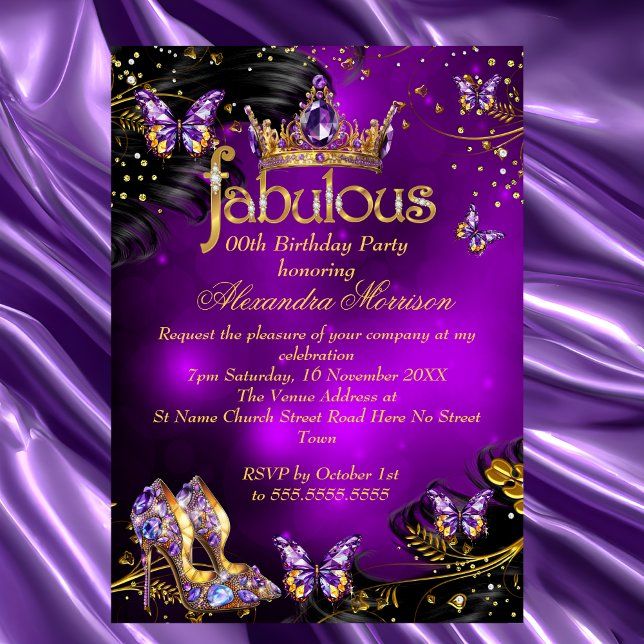 Fabulous birthday purple Gold Black Butterfly Invitation (Creator Uploaded)