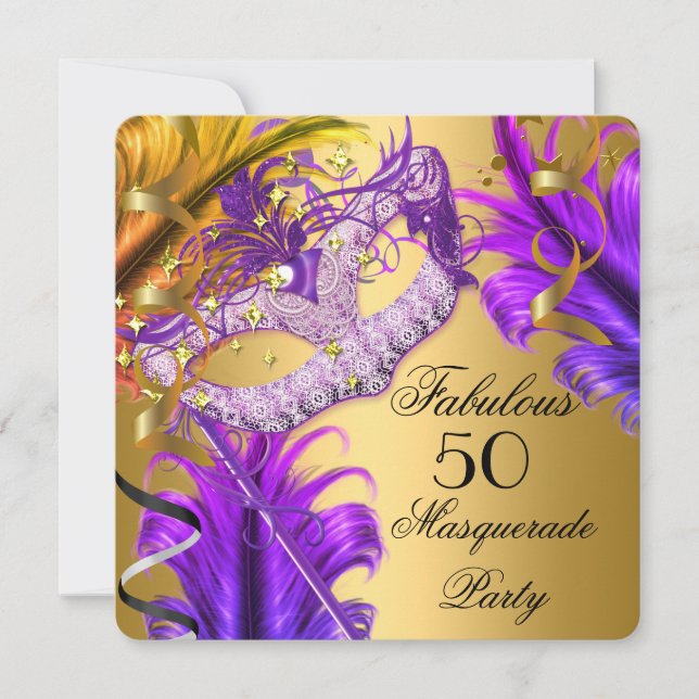 Fabulous Birthday Purple Gold Masquerade Party 3 Invitation (Front)
