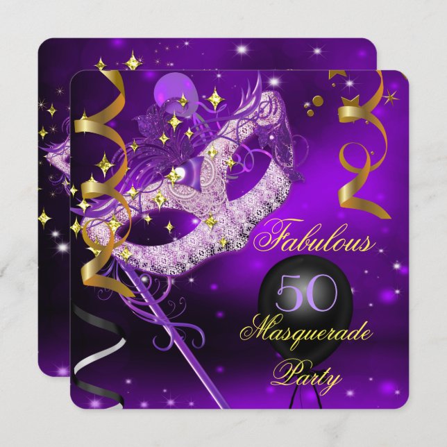 Fabulous Birthday Purple Gold Masquerade Party Invitation (Front/Back)