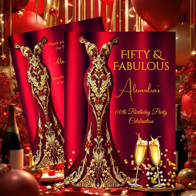 Fabulous Birthday Red Gems Gold Dress Champagne Invitation (Creator Uploaded)