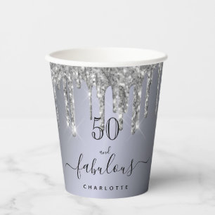 Fabulous birthday silver glitter name paper cups