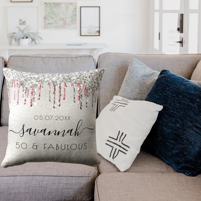 Fabulous birthday silver pink glitter drips name cushion (Creator Uploaded)