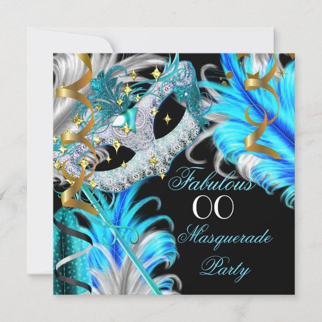 Fabulous Birthday Teal Blue Gold Masquerade Party Invitation (Front)