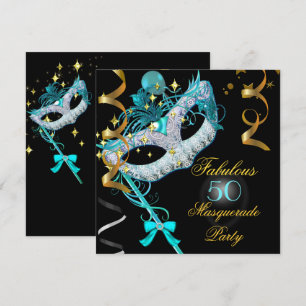 Fabulous Birthday Teal Gold Black Masquerade Party Invitation