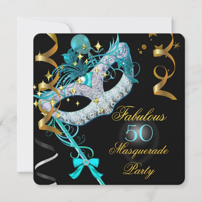 Fabulous Birthday Teal Gold Black Masquerade Party Invitation (Front)