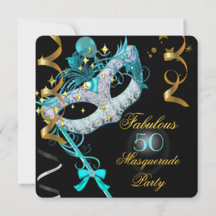 Fabulous Birthday Teal Gold Black Masquerade Party Invitation