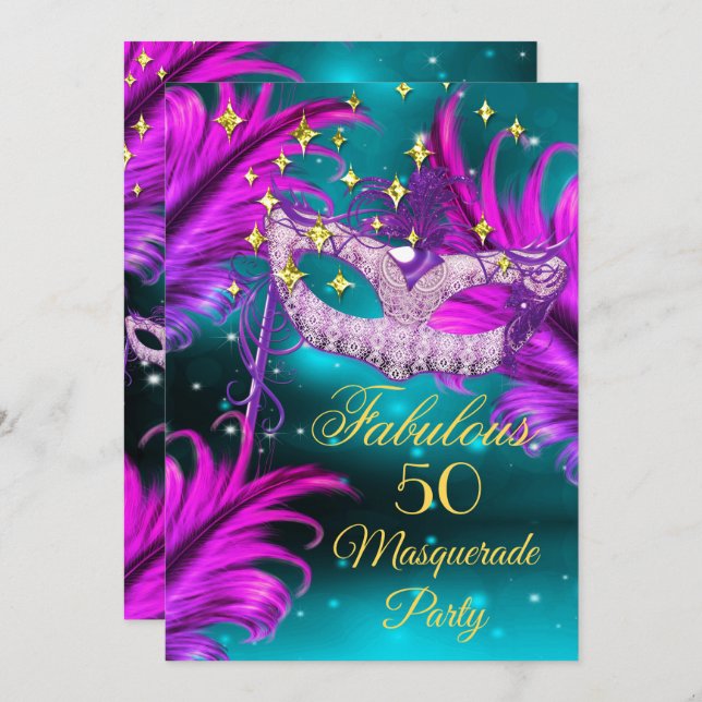 Fabulous Birthday teal Purple pink Masquerade mask Invitation (Front/Back)