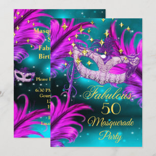 Fabulous Birthday teal Purple pink Masquerade mask Invitation