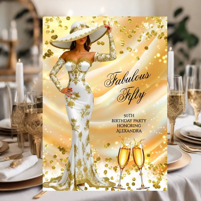 Fabulous Birthday White Gold Woman Champagne Invitation (Creator Uploaded)