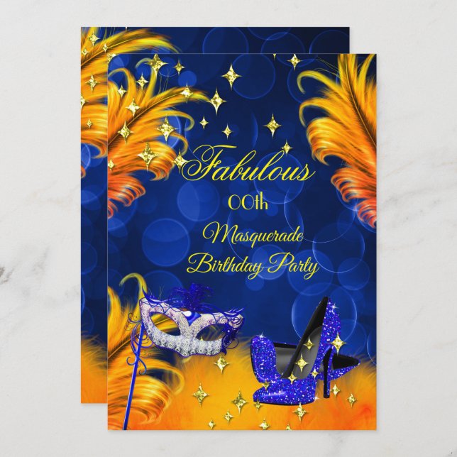 Fabulous Blue Yellow Masquerade Birthday Party Invitation (Front/Back)