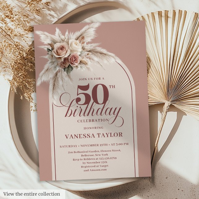 Fabulous Boho Dusty Pink Pampas Floral 50 Birthday Invitation (Fabulous Boho Dusty Pink Pampas Floral 50th Birthday)