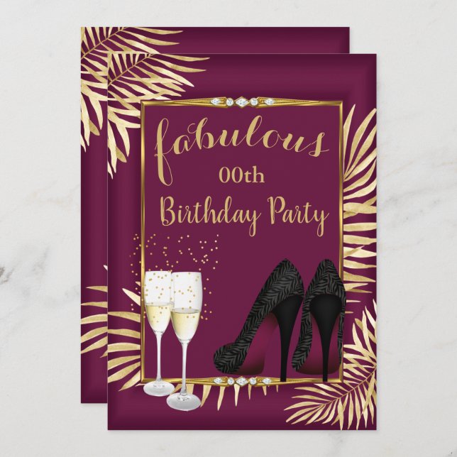 Fabulous Burgundy Gold Palms zebra Champagne Party Invitation (Front/Back)