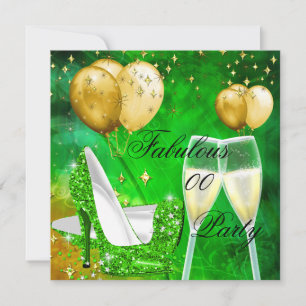 Fabulous Champagne Birthday heels Green Gold Invitation