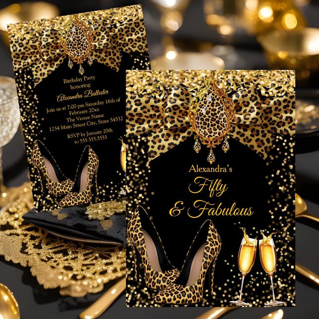Fabulous Champagne birthday Leopard Gold Heel Gems Invitation (Creator Uploaded)