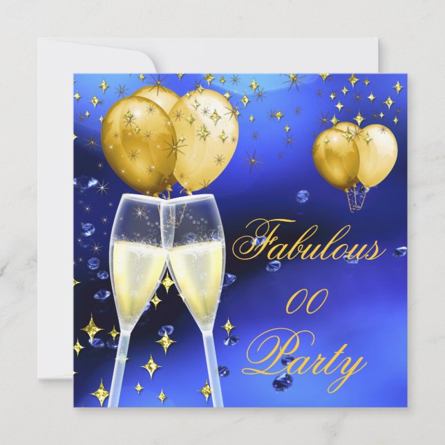Fabulous Champagne Birthday Party Gold Blue Invitation (Front)
