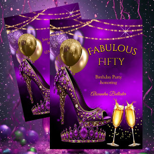 Fabulous Champagne birthday party Purple Gold Heel Invitation
