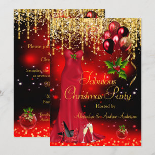 Fabulous Christmas Holiday Party Red Glitter Gold  Invitation