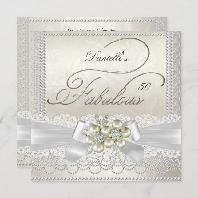 Fabulous Cream White Pearl Lace Damask Diamond Invitation (Front/Back)