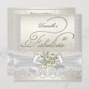 Fabulous Cream White Pearl Lace Damask Diamond Invitation