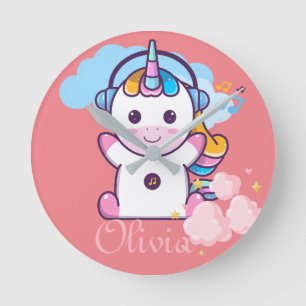 Fabulous Cute Unicorn custom name Round Clock