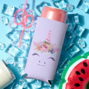 Fabulous Cute Unicorn Flowers Face 2 Seltzer Can Cooler