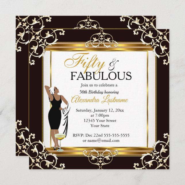 Fabulous Diva deco Lady Gold Black 50th Birthday Invitation (Front/Back)