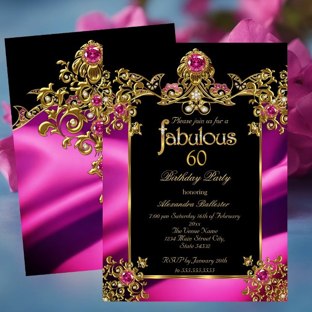 Fabulous Elegant 60th Birthday Fuchsia Gold Gems Invitation (Creator Uploaded)