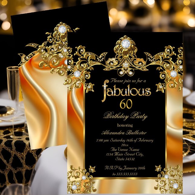 Fabulous Elegant 60th Birthday Silk Gold Diamonds Invitation (Creator Uploaded)