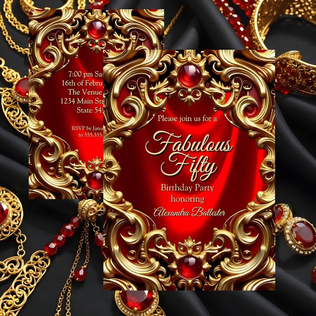 Fabulous Elegant Birthday Gold Red Silk Gems Invitation (Creator Uploaded)