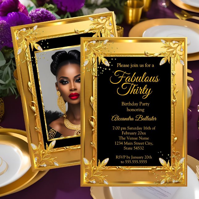 Fabulous Elegant Birthday Photo Gold Black Jewels Invitation (Creator Uploaded)