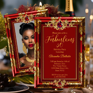 Fabulous Elegant Birthday Photo Red Gold Jewels Invitation