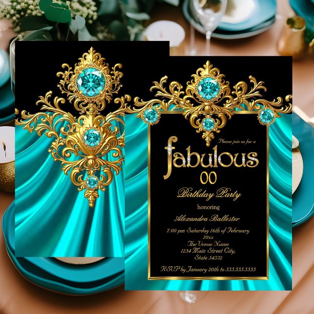 Fabulous Elegant Birthday Teal Blue Silk Gold Gems Invitation (Creator Uploaded)