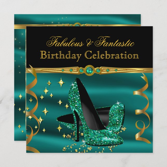 Fabulous Emerald Green Heels Gold Birthday Party Invitation (Front/Back)