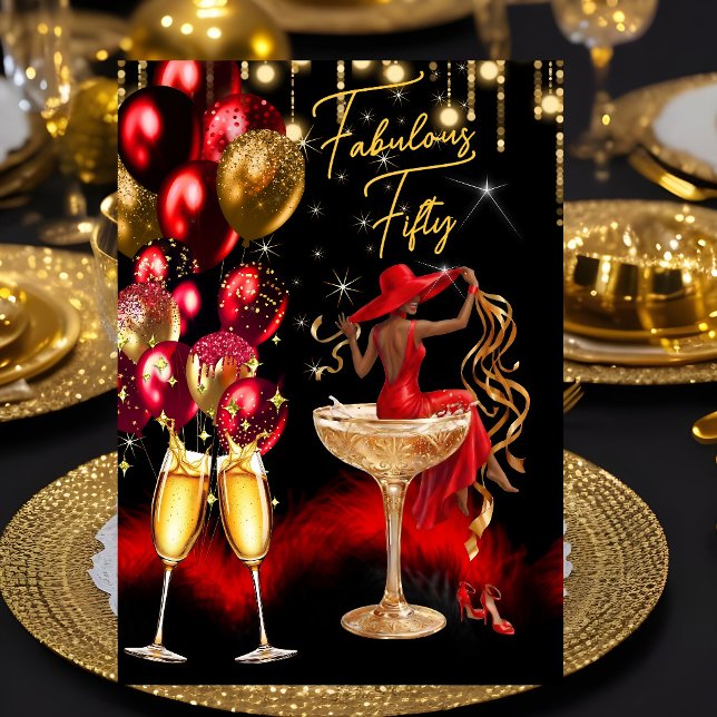 Fabulous Ethnic Fun Birthday Red Champagne Glass Invitation (Creator Uploaded)