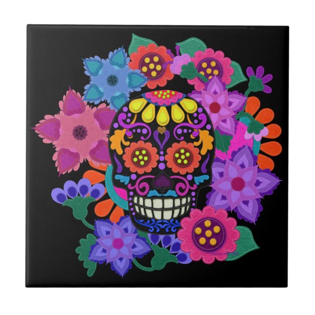 Fabulous Felt Look Sugar Skull Beautiful Ceramic Tile (Front)