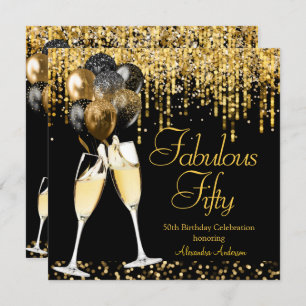 Fabulous Fifty Birthday Glitter Gold Champagne SQ Invitation
