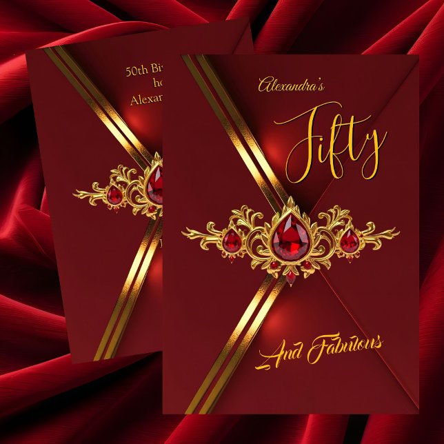 Fabulous Fifty Birthday Party Red Gold Gems Invitation (Creator Uploaded)