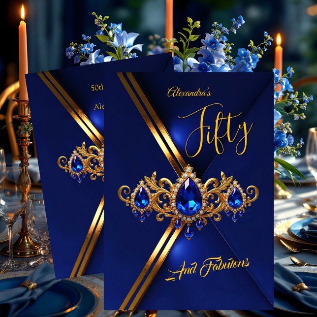 Fabulous Fifty Birthday Royal Blue Gold Gems Invitation (Creator Uploaded)