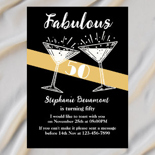 Fabulous Fifty Cocktail Black Gold 50th Birthday Invitation