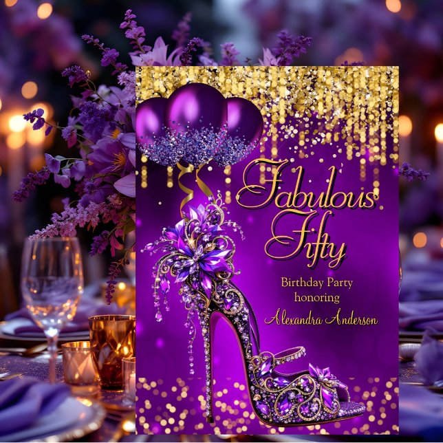 Fabulous Fifty Party Purple Glitter Gold Stiletto  Invitation (Creator Uploaded)