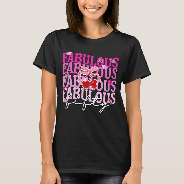 Fabulous Fifty Pink Gradient Cherry Bow Birthday T-Shirt (Front)