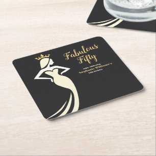 Fabulous Fifty Queen Golden Black 50th Birthday Square Paper Coaster
