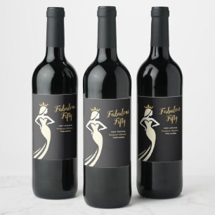 Fabulous Fifty Queen Golden Black 50th Birthday Wine Label