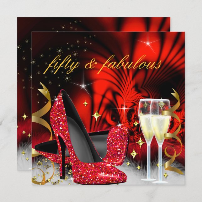 Fabulous fifty Red Black High Heels Gold Party Invitation (Front/Back)