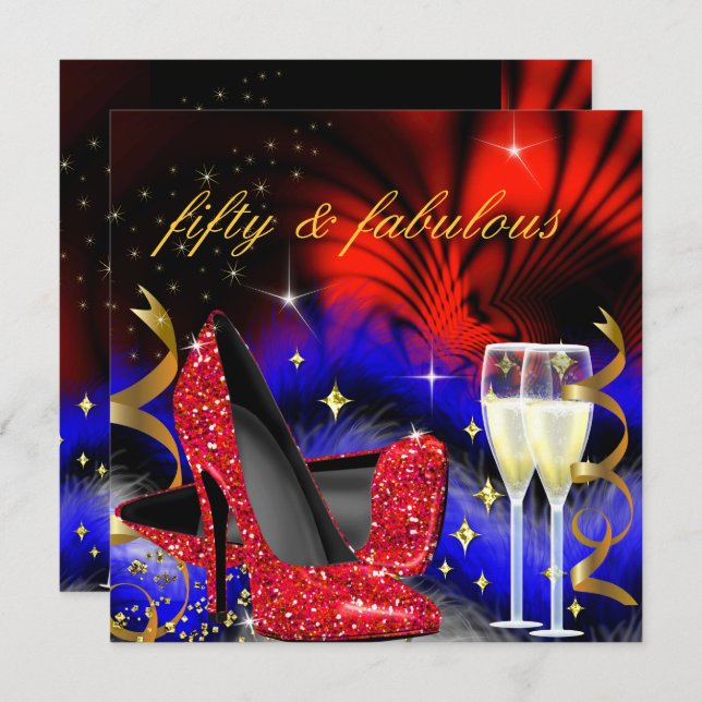 Fabulous fifty Red Royal Blue High Heels Gold Invitation (Front/Back)
